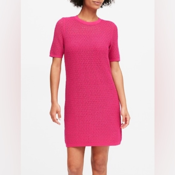 Banana Republic Pointelle Short Sleeve Mini Sweater Dress Fuchsia Pink XS - Picture 1 of 5